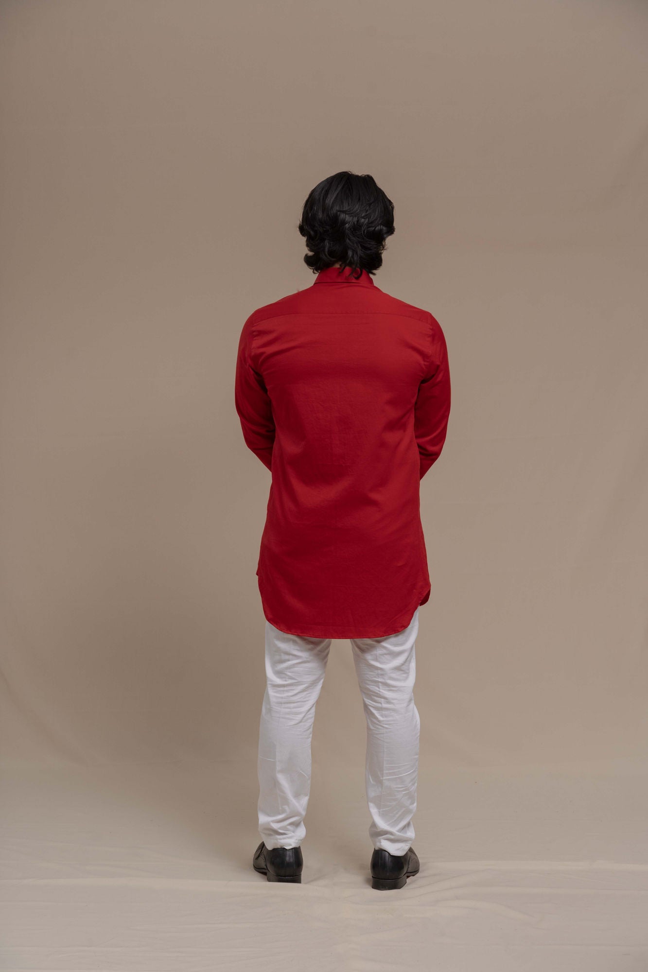 MENS RED SMOCKING SHORT KURTA/TUXEDO SHIRT