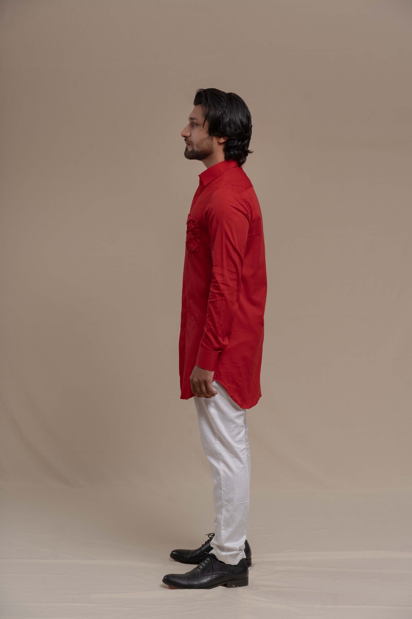 MENS RED SMOCKING SHORT KURTA/TUXEDO SHIRT