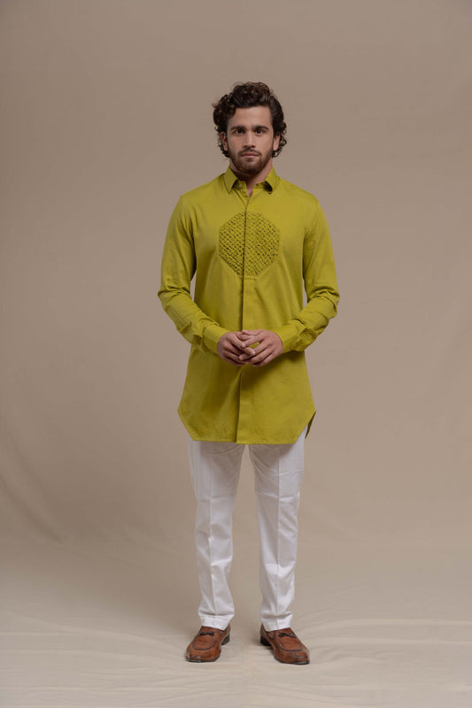 MENS GREEN SMOCKING SHORT KURTA/TUXEDO SHIRT SET