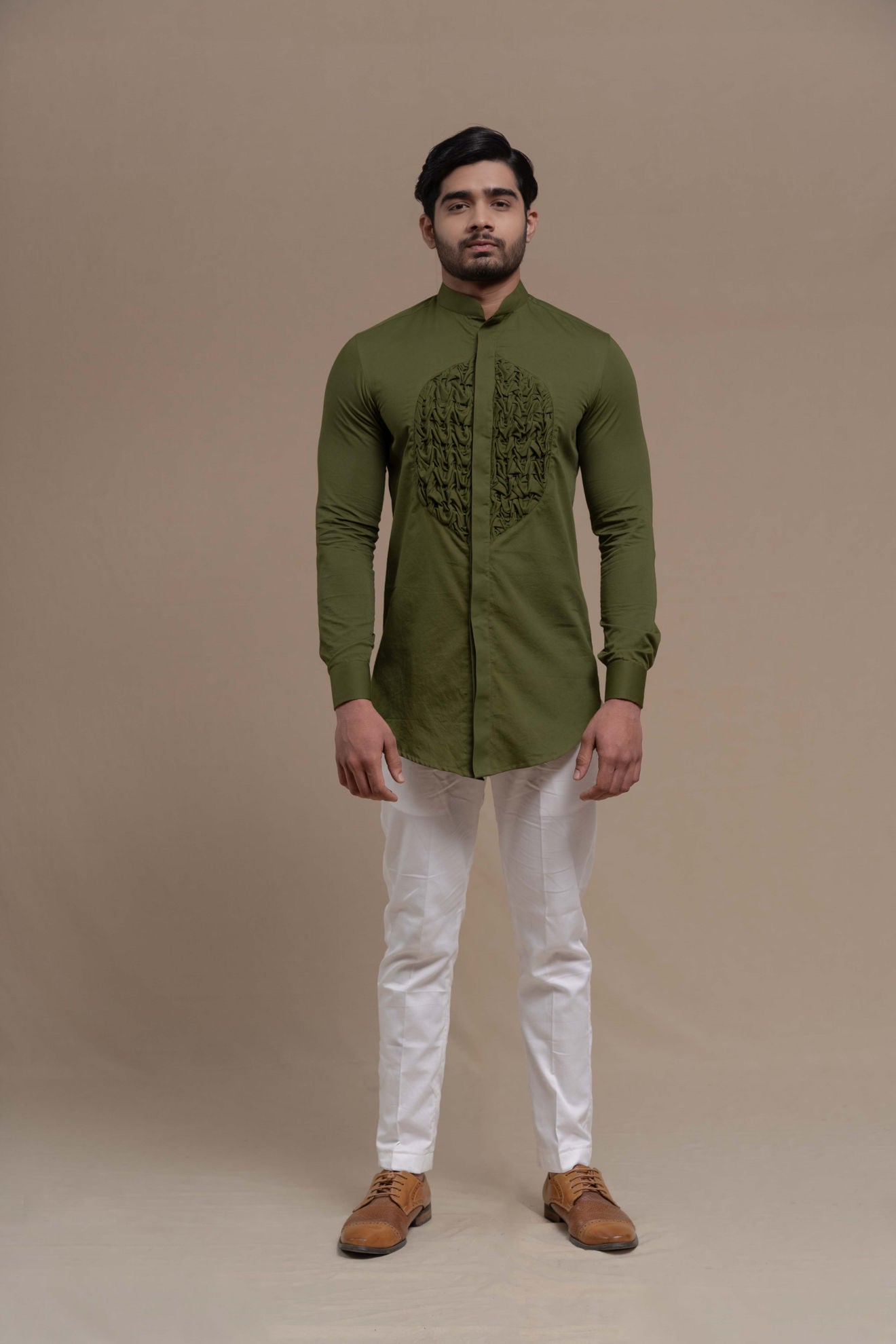 MENS OLIVE SMOCKING SHORT KURTA/TUXEDO SHIRT