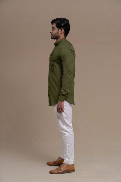 MENS OLIVE SMOCKING SHORT KURTA/TUXEDO SHIRT