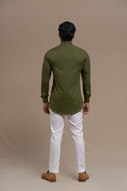 MENS OLIVE SMOCKING SHORT KURTA/TUXEDO SHIRT