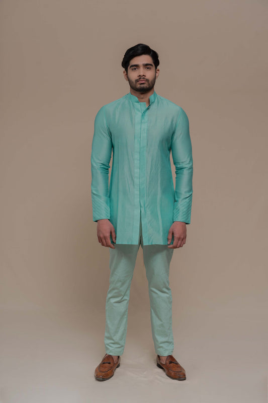 MENS TURQUOISE CHANDERI SILK KURTA SET