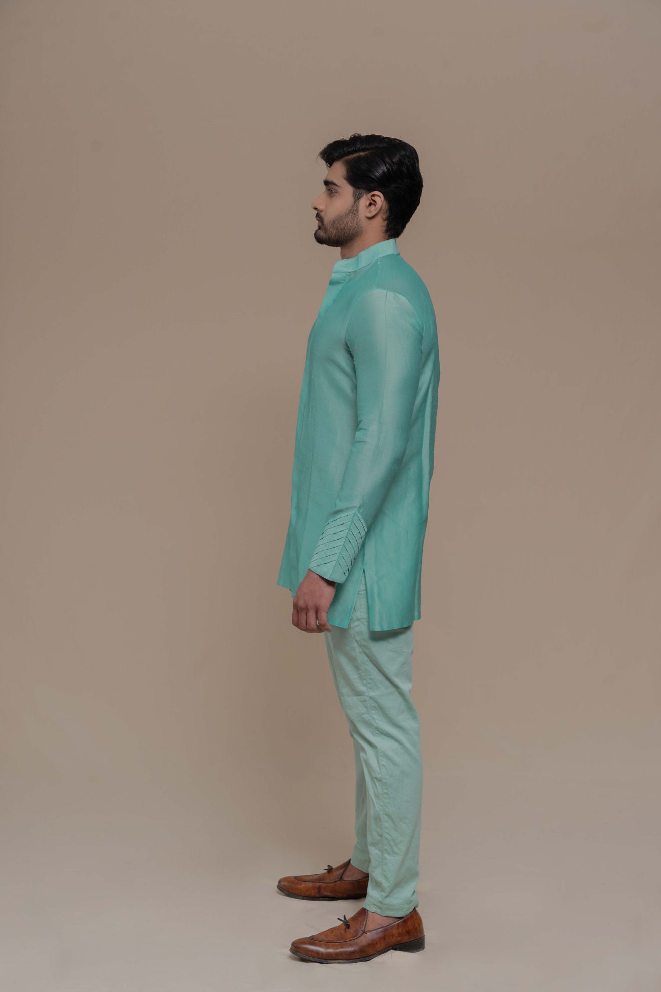 MENS TURQUOISE CHANDERI SILK KURTA SET