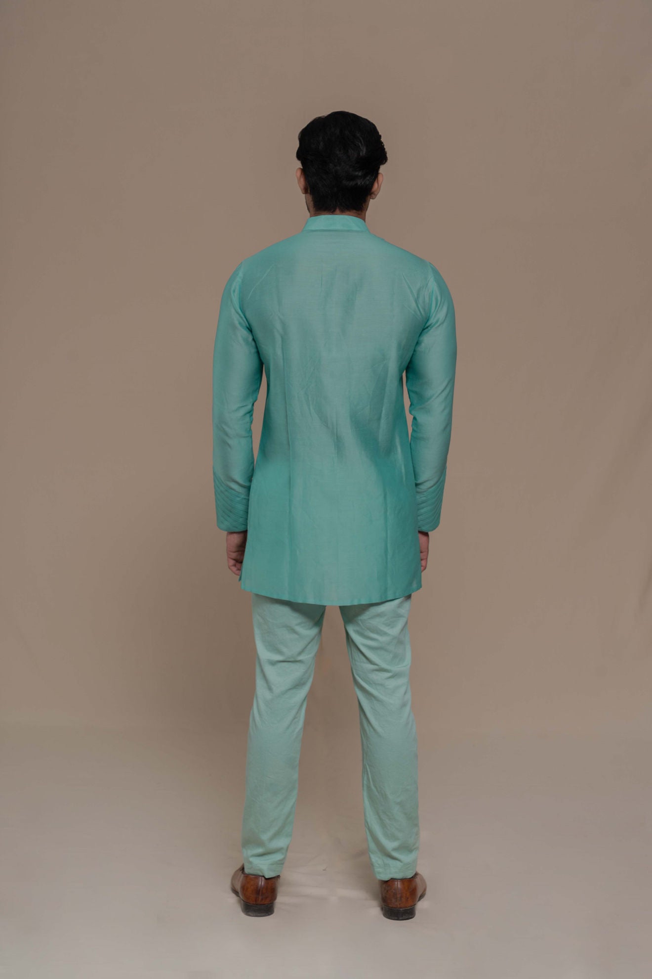 MENS TURQUOISE CHANDERI SILK KURTA SET