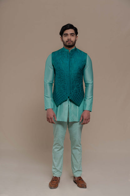 MENS TURQOISE BUNDI-KURTA SET