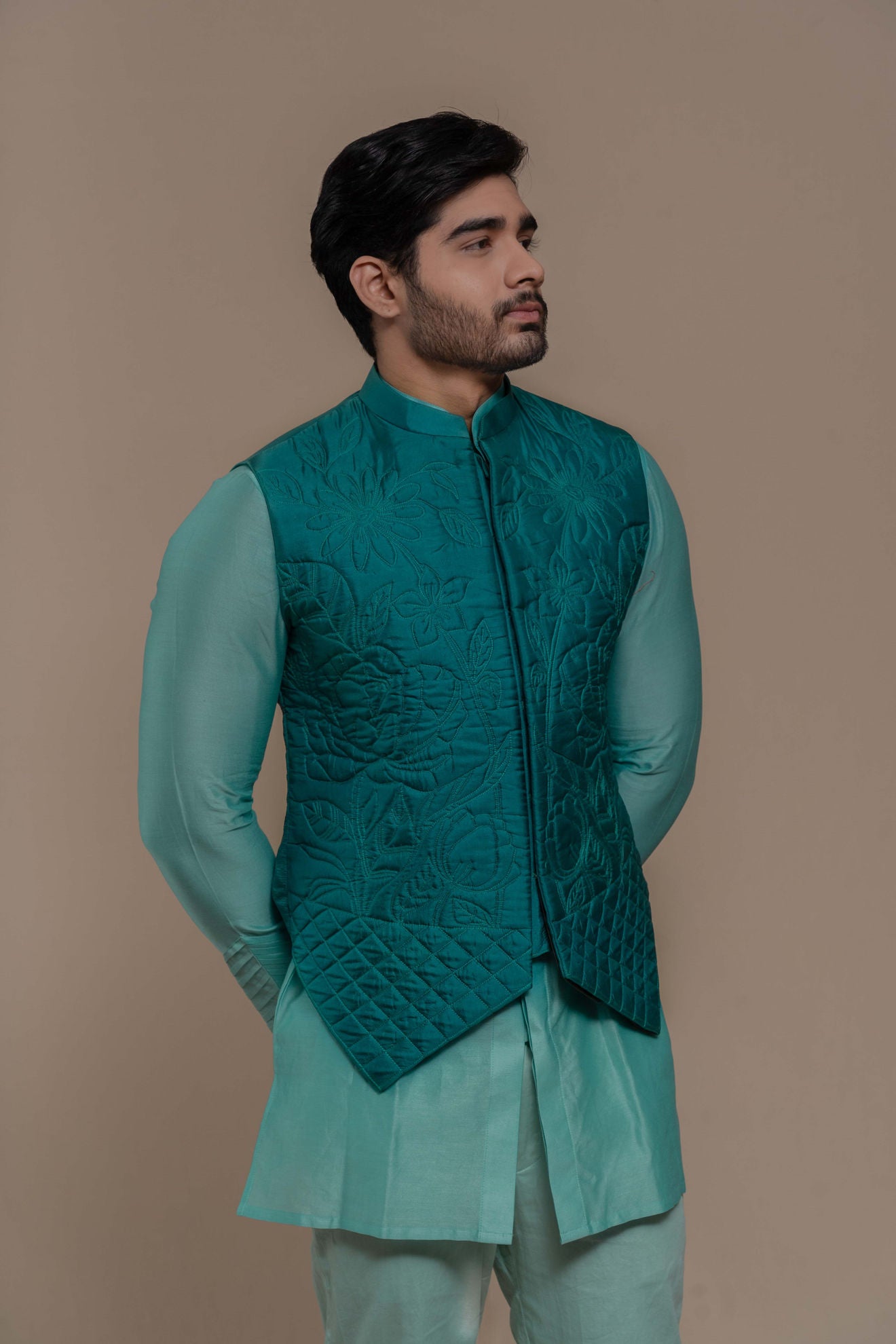 MENS TURQOISE BUNDI-KURTA SET