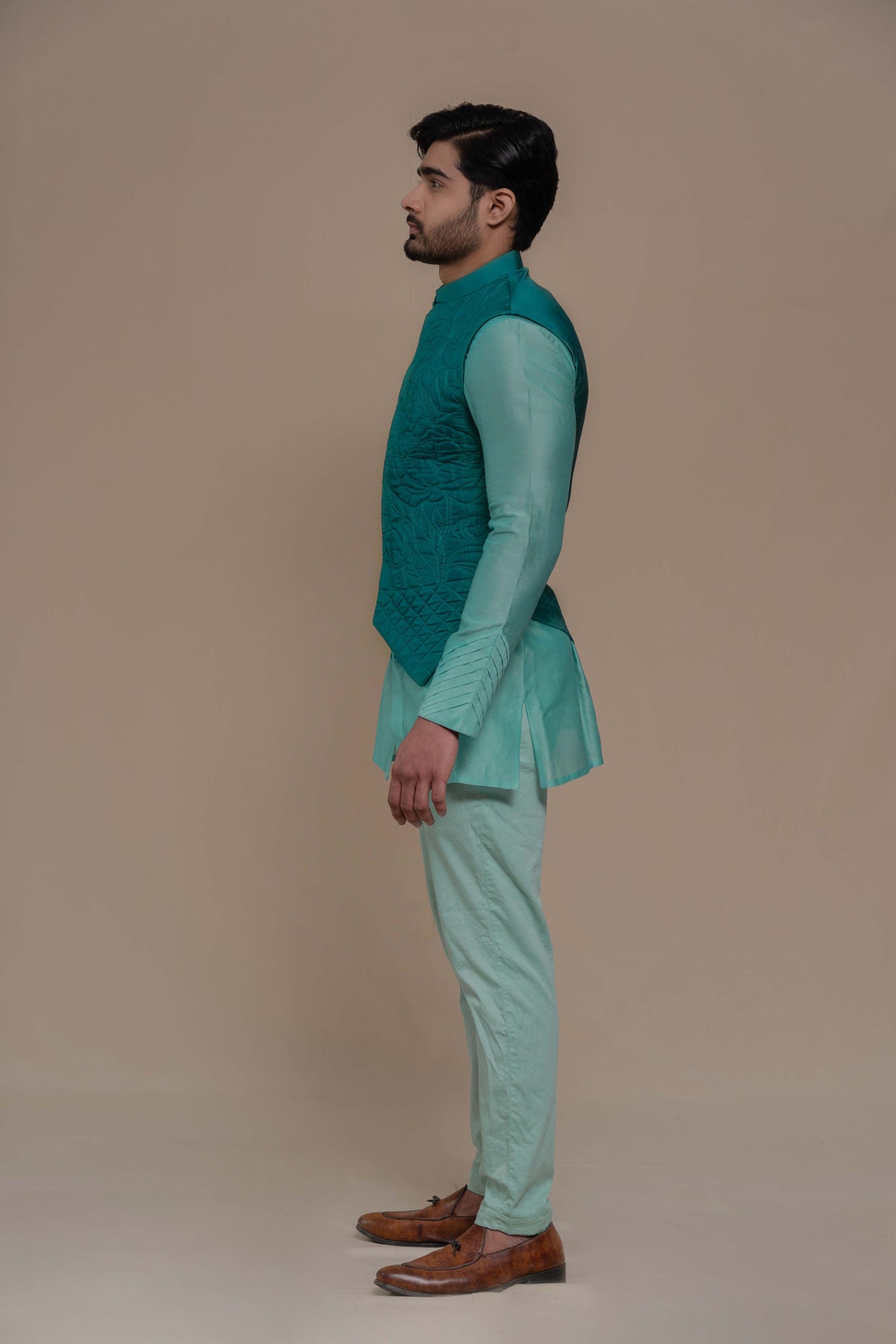 MENS TURQOISE BUNDI-KURTA SET