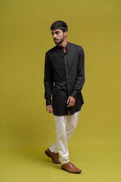 MENS BLACK SMOCKING SHORT KURTA/TUXEDO SHIRT