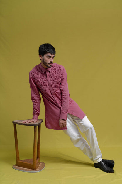 MENS ONION PINK SMOCKING SHORT KURTA/TUXEDO SHIRT