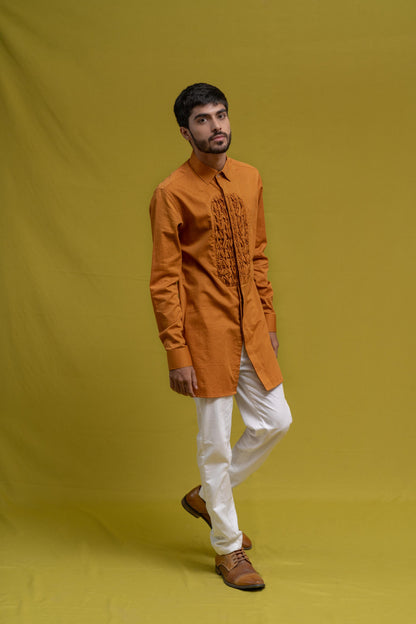 MENS OCHRE SMOCKING SHORT KURTA/TUXEDO SHIRT