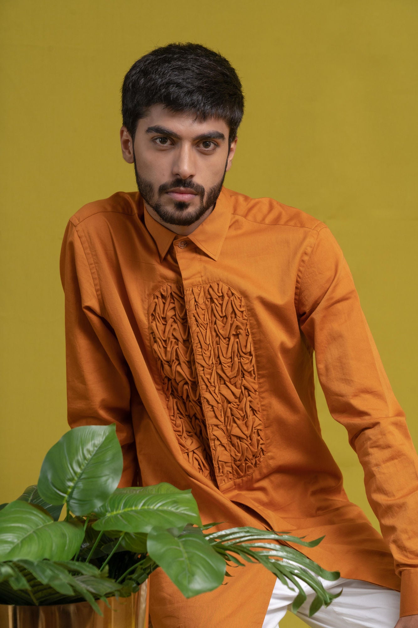 MENS OCHRE SMOCKING SHORT KURTA/TUXEDO SHIRT