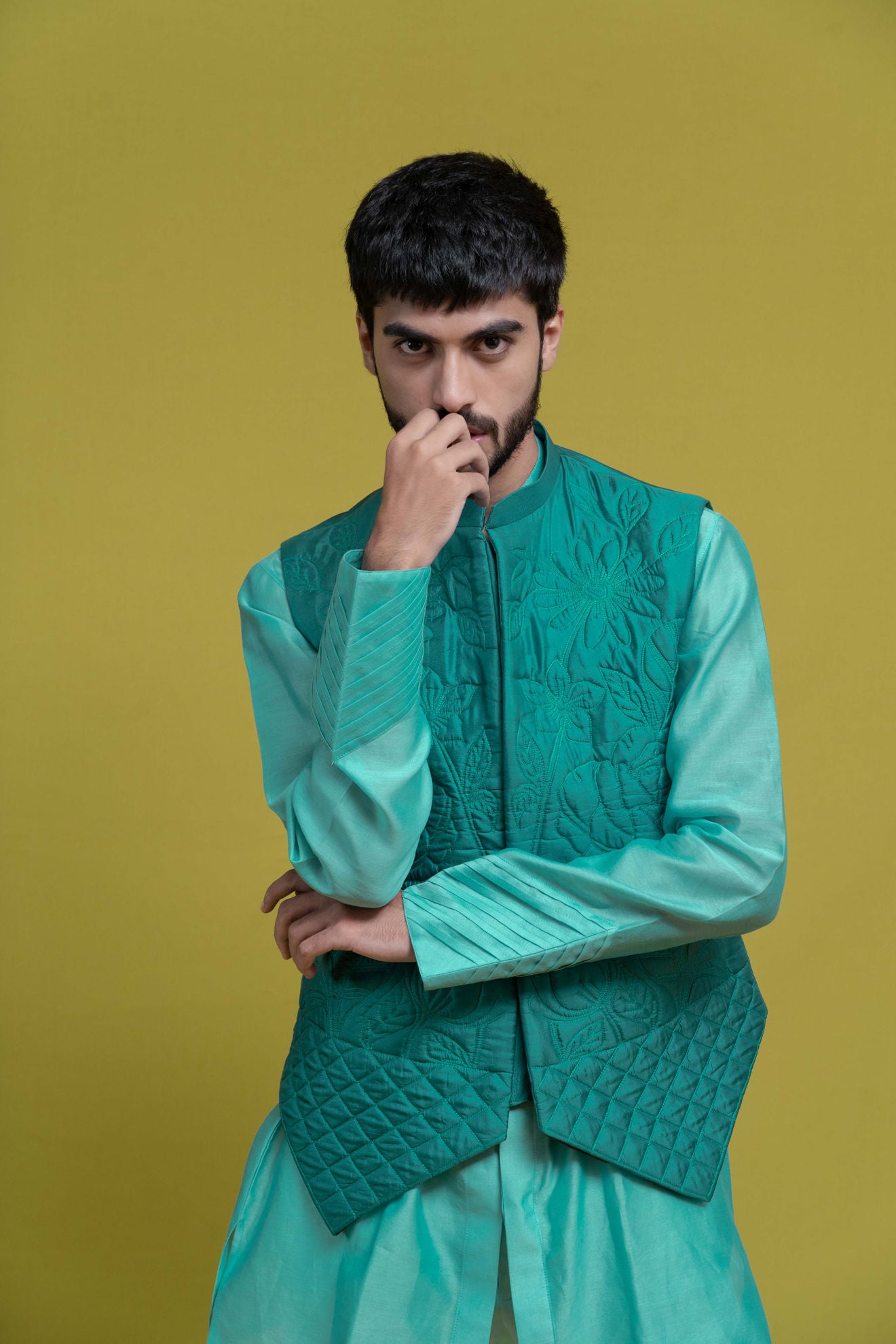 MENS TURQOISE BUNDI-KURTA SET