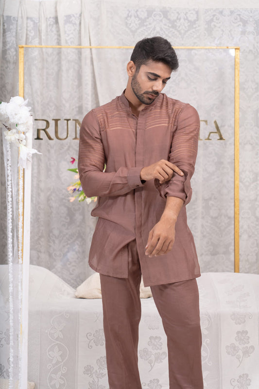 Men Wearing Pink Shirt Kurta Set