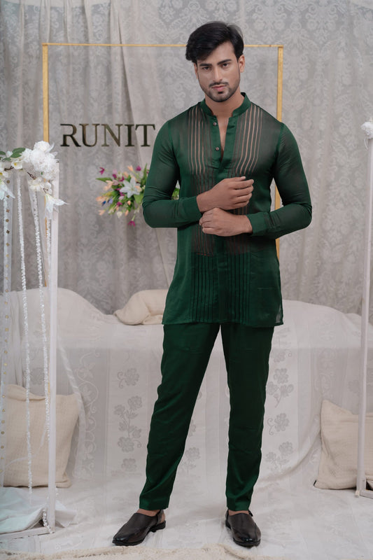 Men Wearing Green Shirt Kurta Set