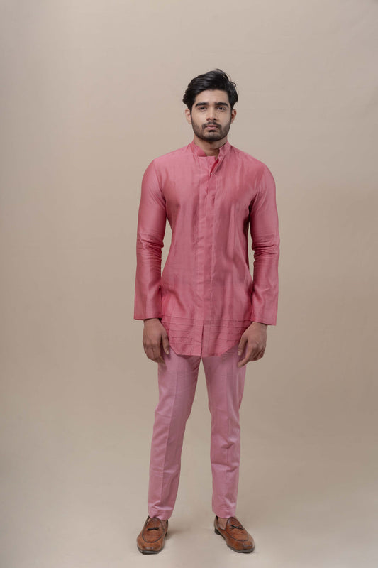 MENS ONION PINK CHANDERI SILK KURTA SET