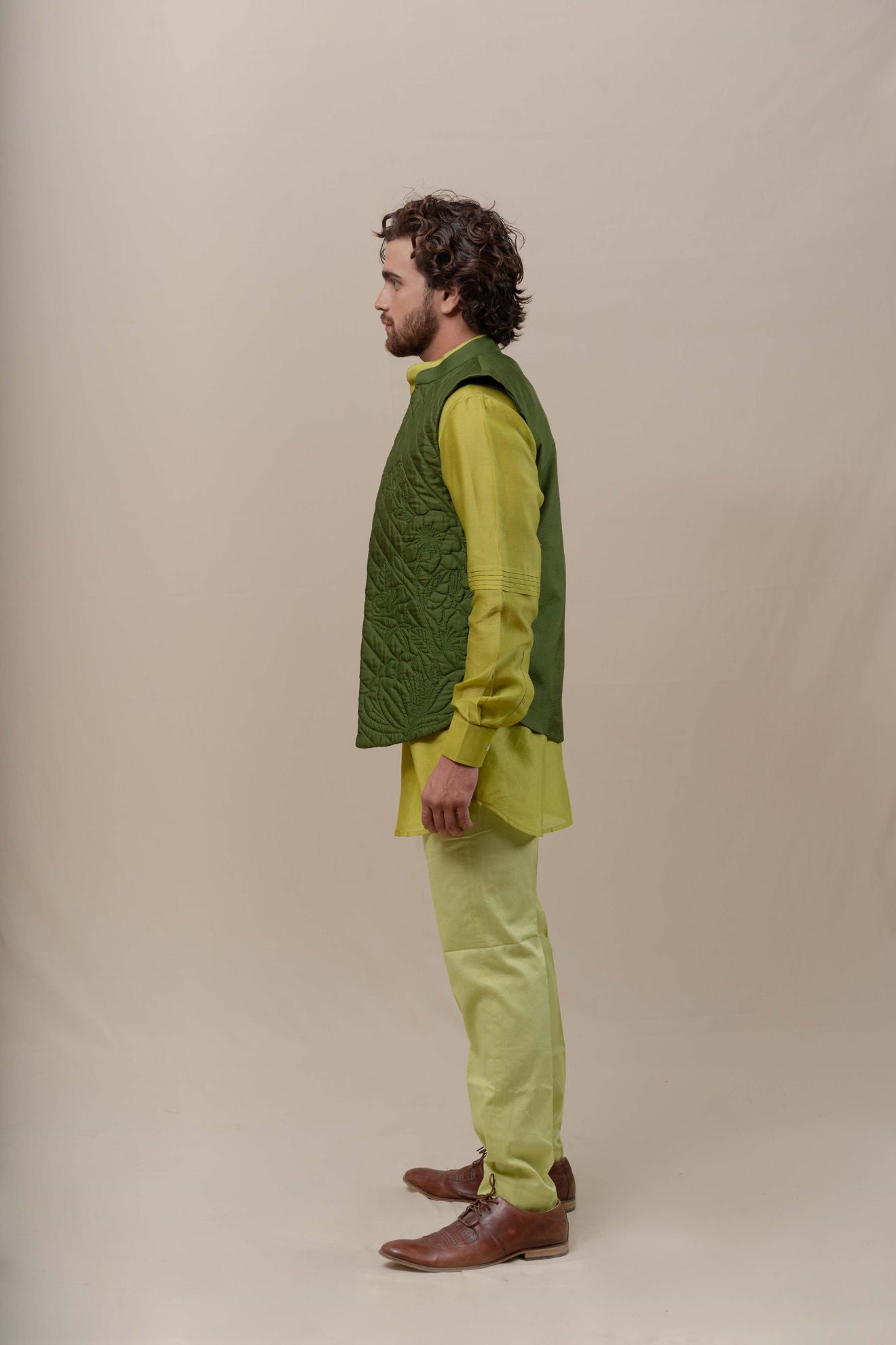 MENS GREEN HANDQUILTED SILK HALF JACKET