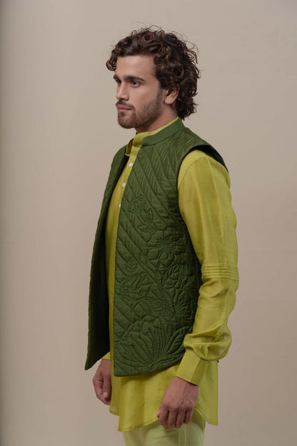 MENS GREEN HANDQUILTED SILK HALF JACKET