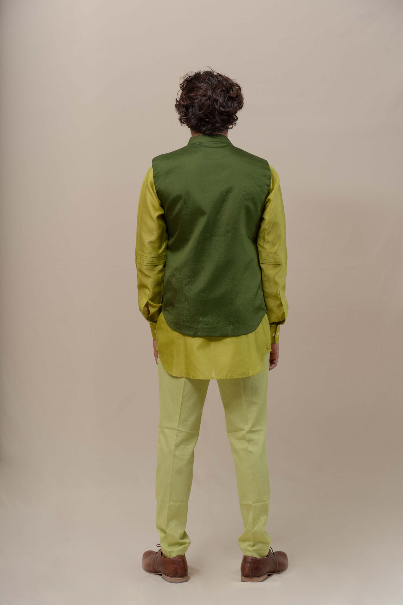 MENS GREEN HANDQUILTED SILK HALF JACKET