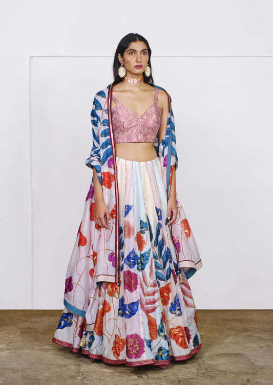 Womens Hand painted floral panelled  Lehengas set