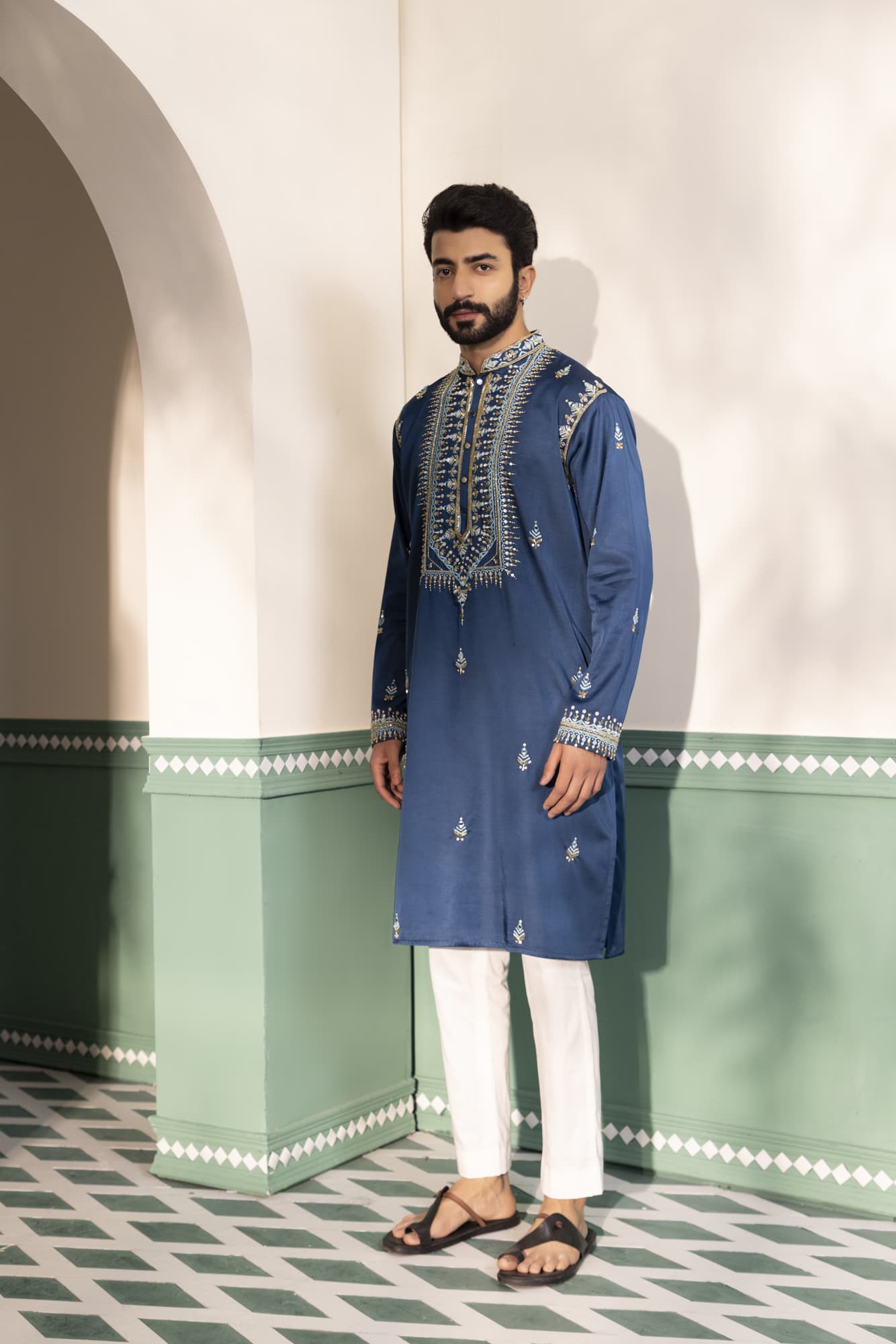 Mens Arsh Teal Blue Padma Silk kurta set