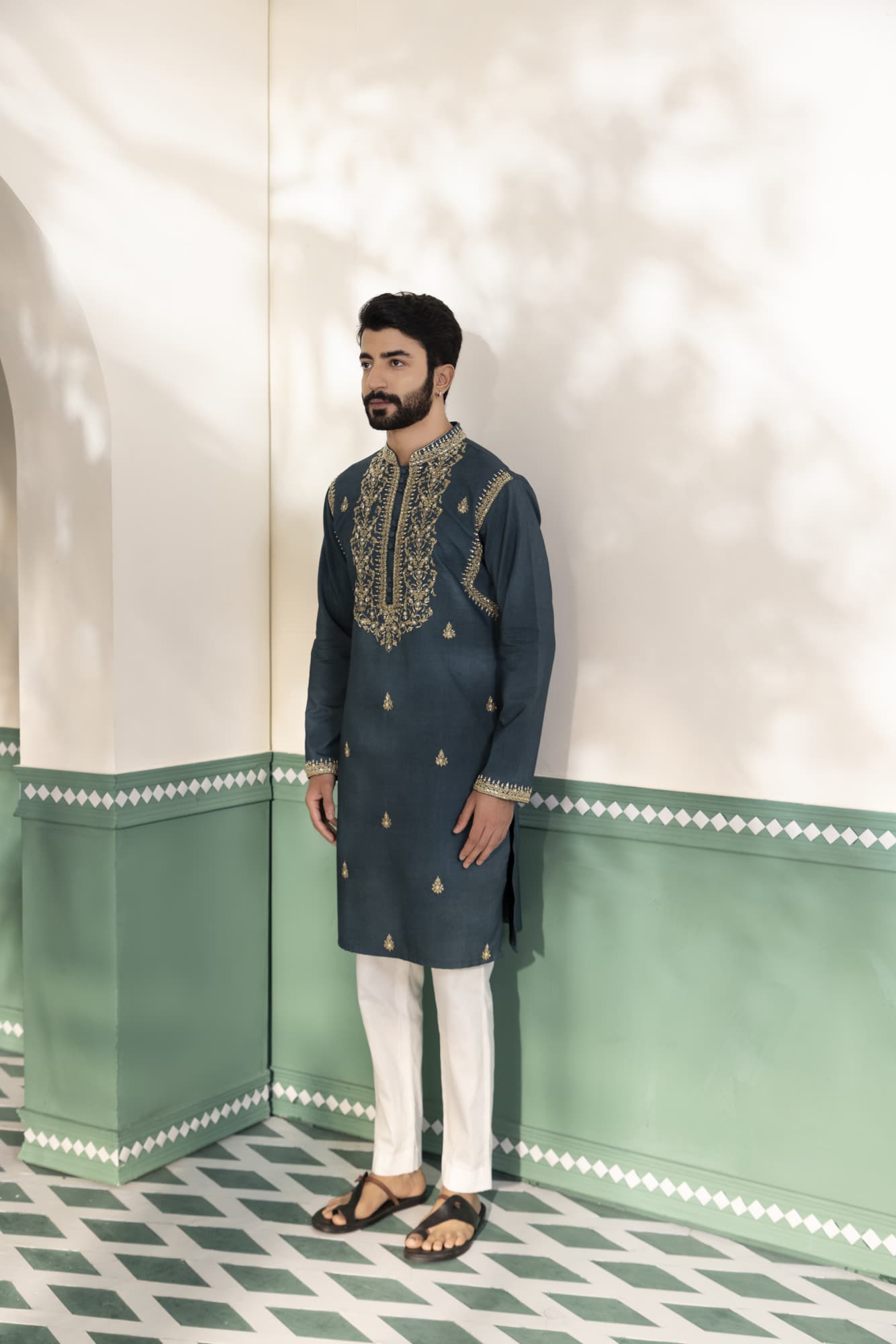 Mens Mushq Midnight Green Padma Silk kurta set