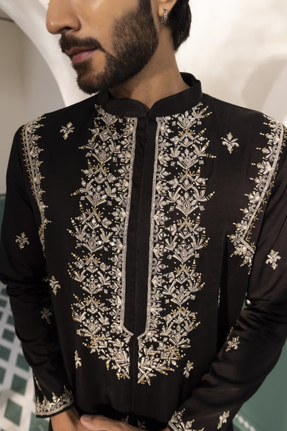 Mens Shehanshah Black Padma Silk kurta set