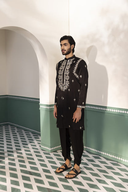 Mens Shehanshah Black Padma Silk kurta set