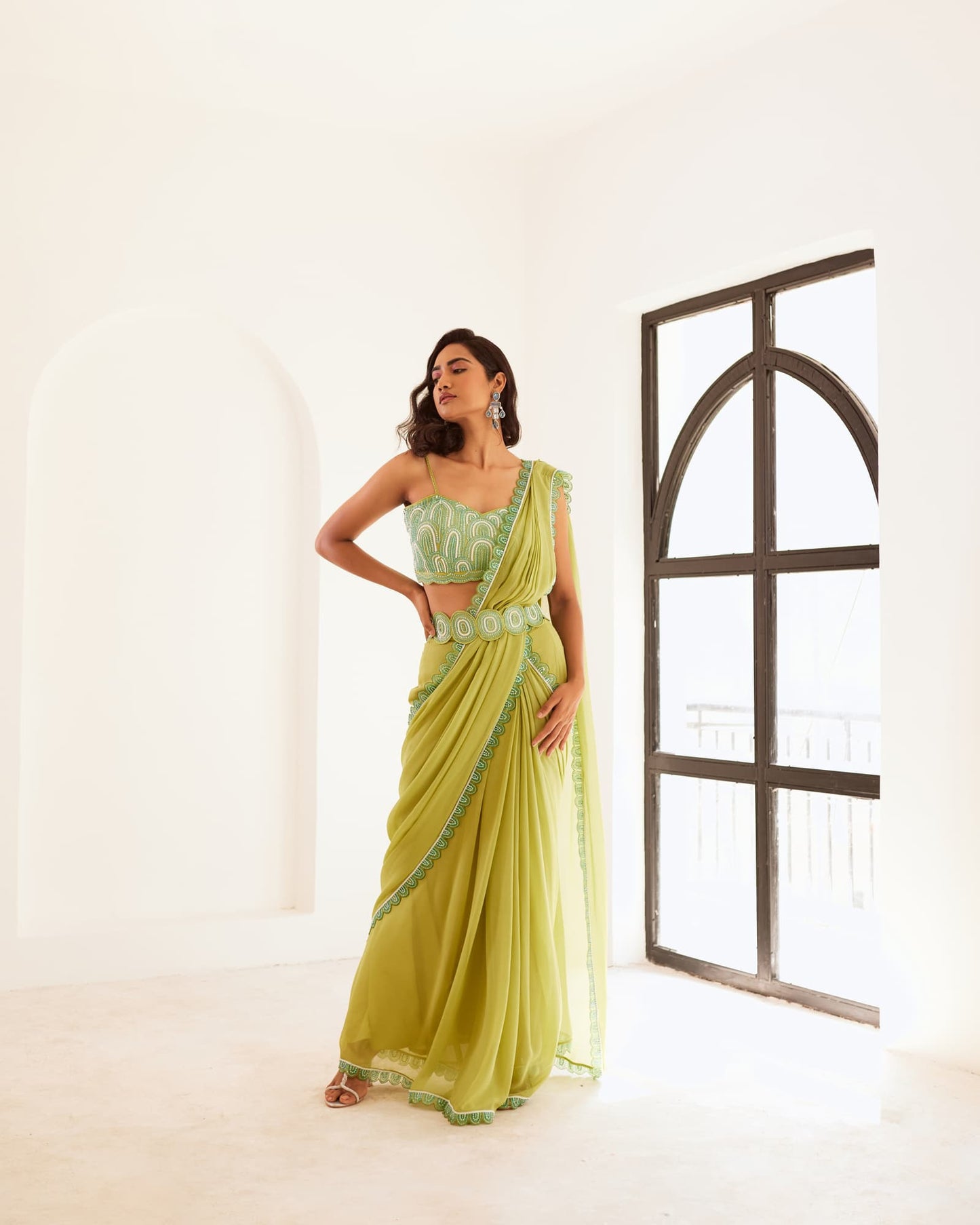 Womens Spring Green Organza Saree Set