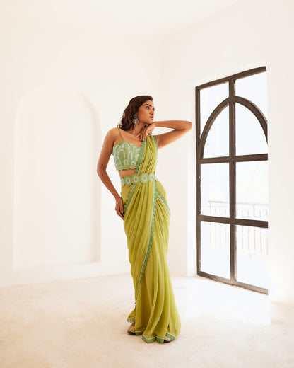 Women wearing Green Saree set