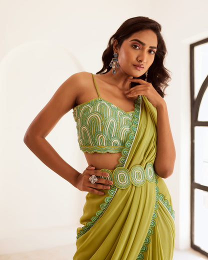 Womens Spring Green Organza Saree Set