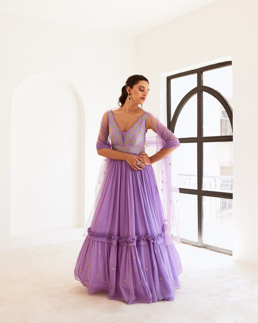 Women wearing Lavender Anarkali Set