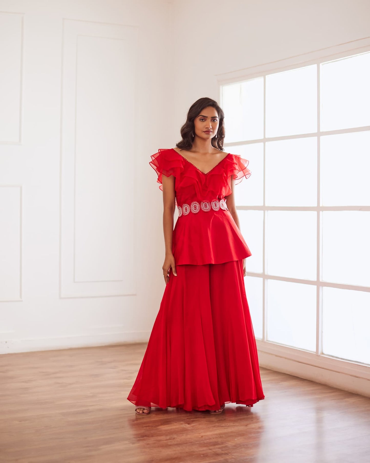 Women wearing Red Co-ord set