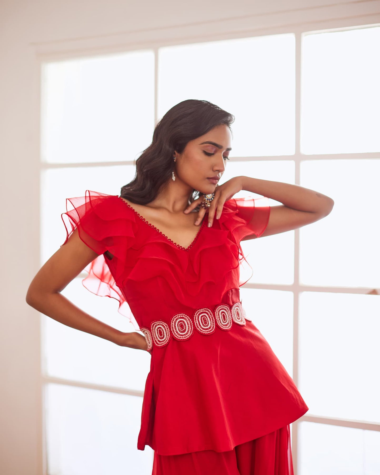 Womens Spring Red Georgette Co-Ord Set