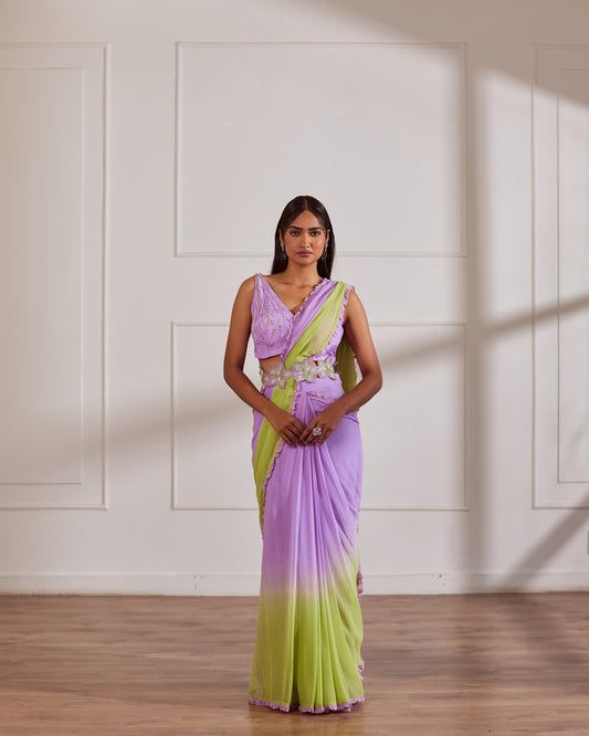 Women wearing Lavender Saree set