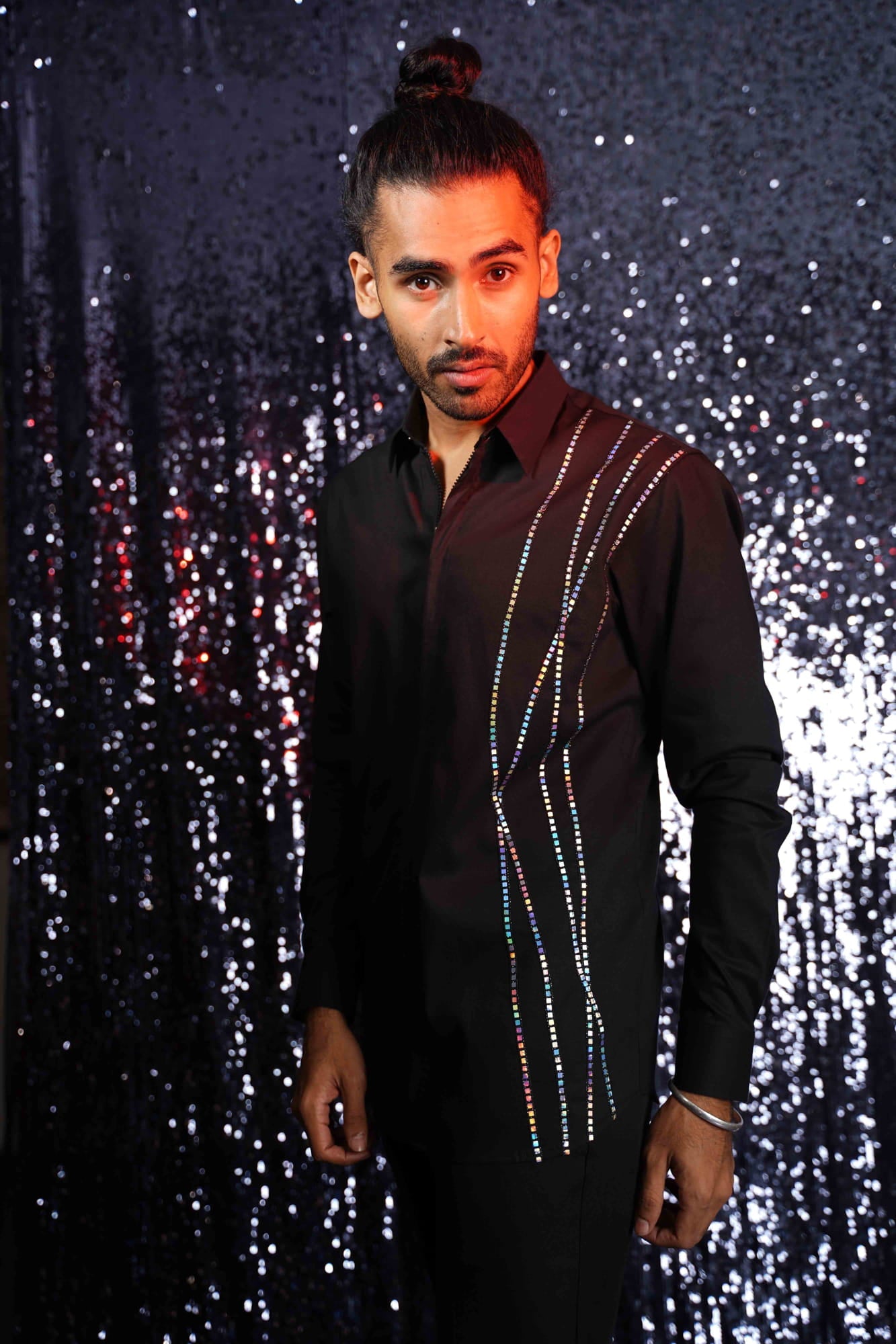 Man Wearing Black metallic stripes Shirt.