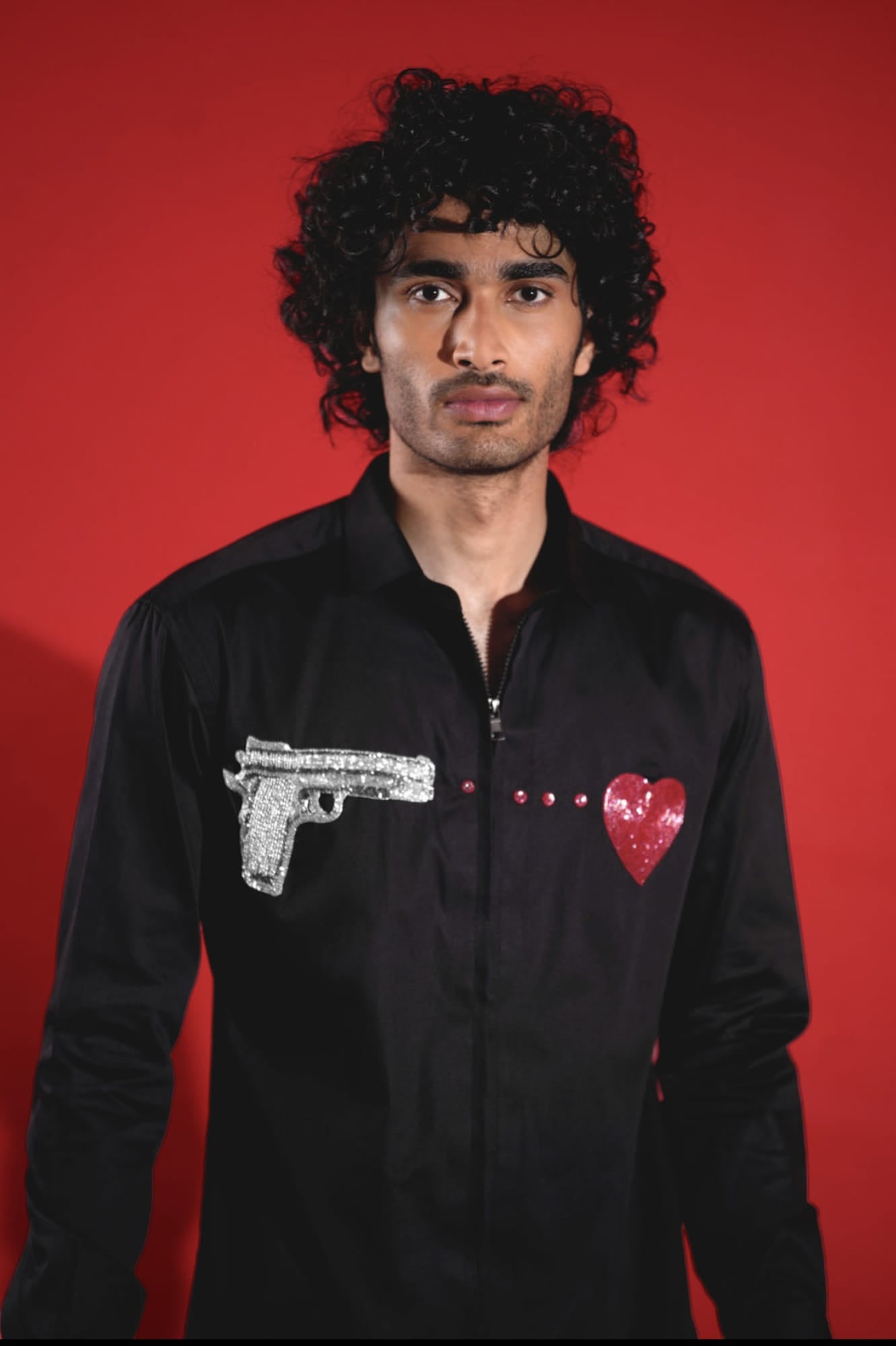 Man Wearing Black Embroided Shirt.