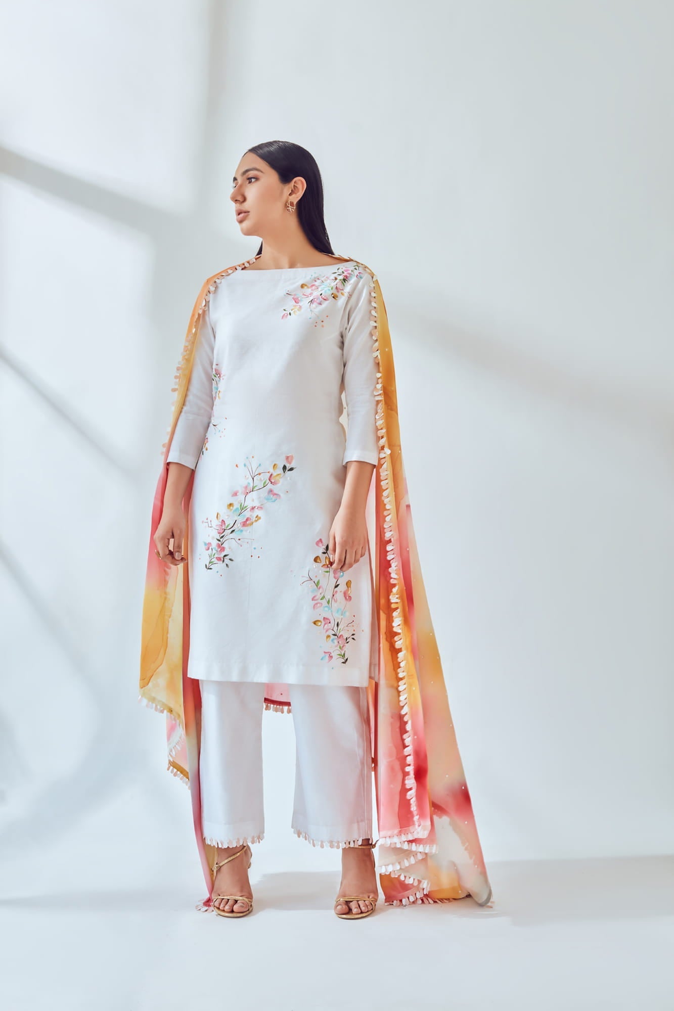 Womens Spring White Chanderi Kurta Set