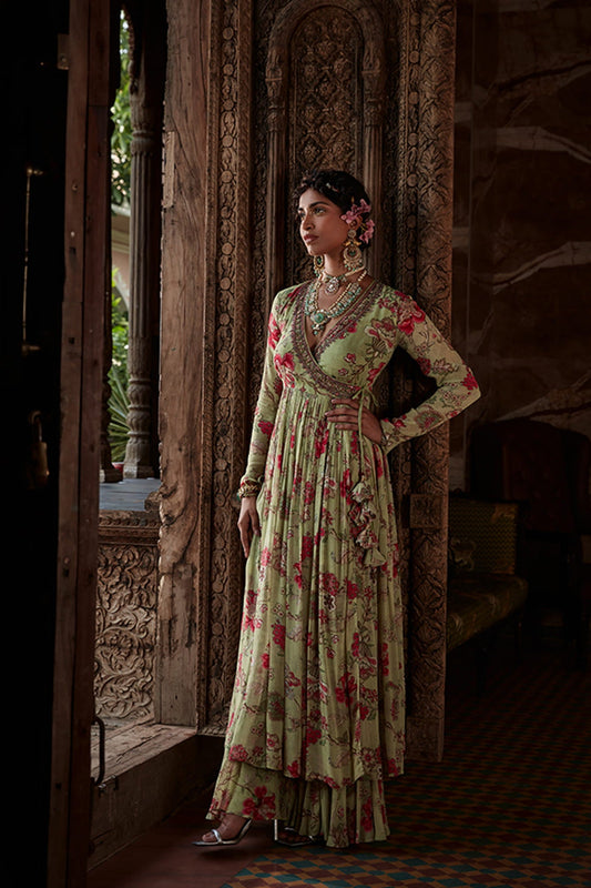 Women Wearing Green Angrakha Set.