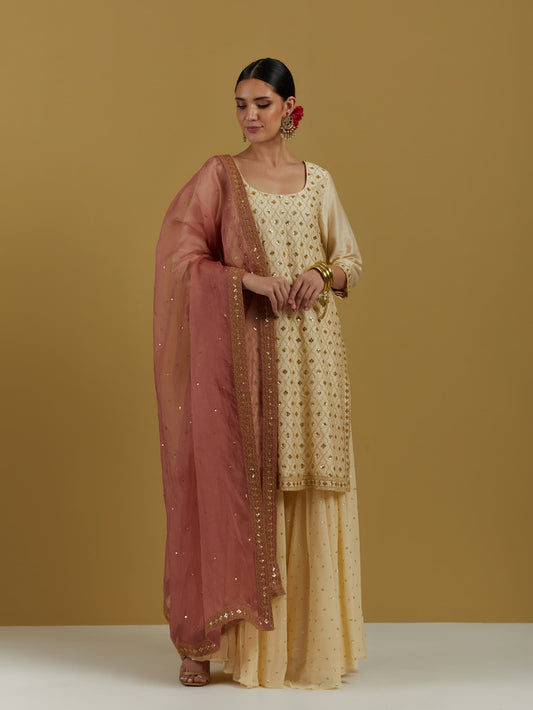 Women Wearing Beige Sharara Set.