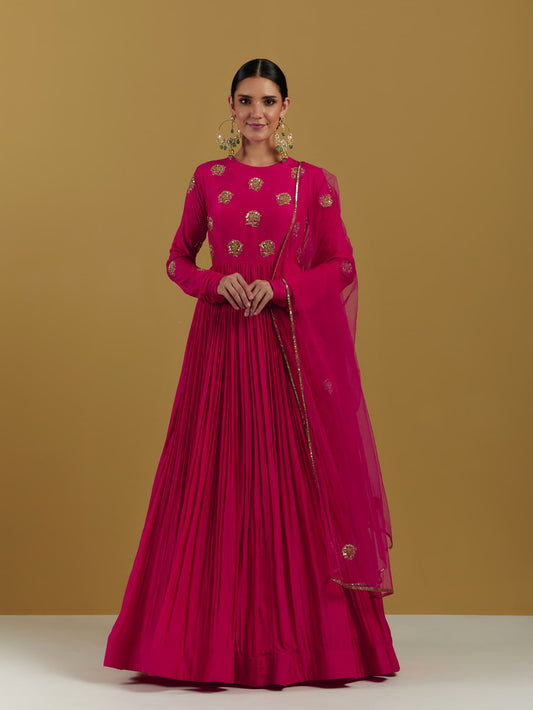 Women Wearing Pink Anarkali Set.