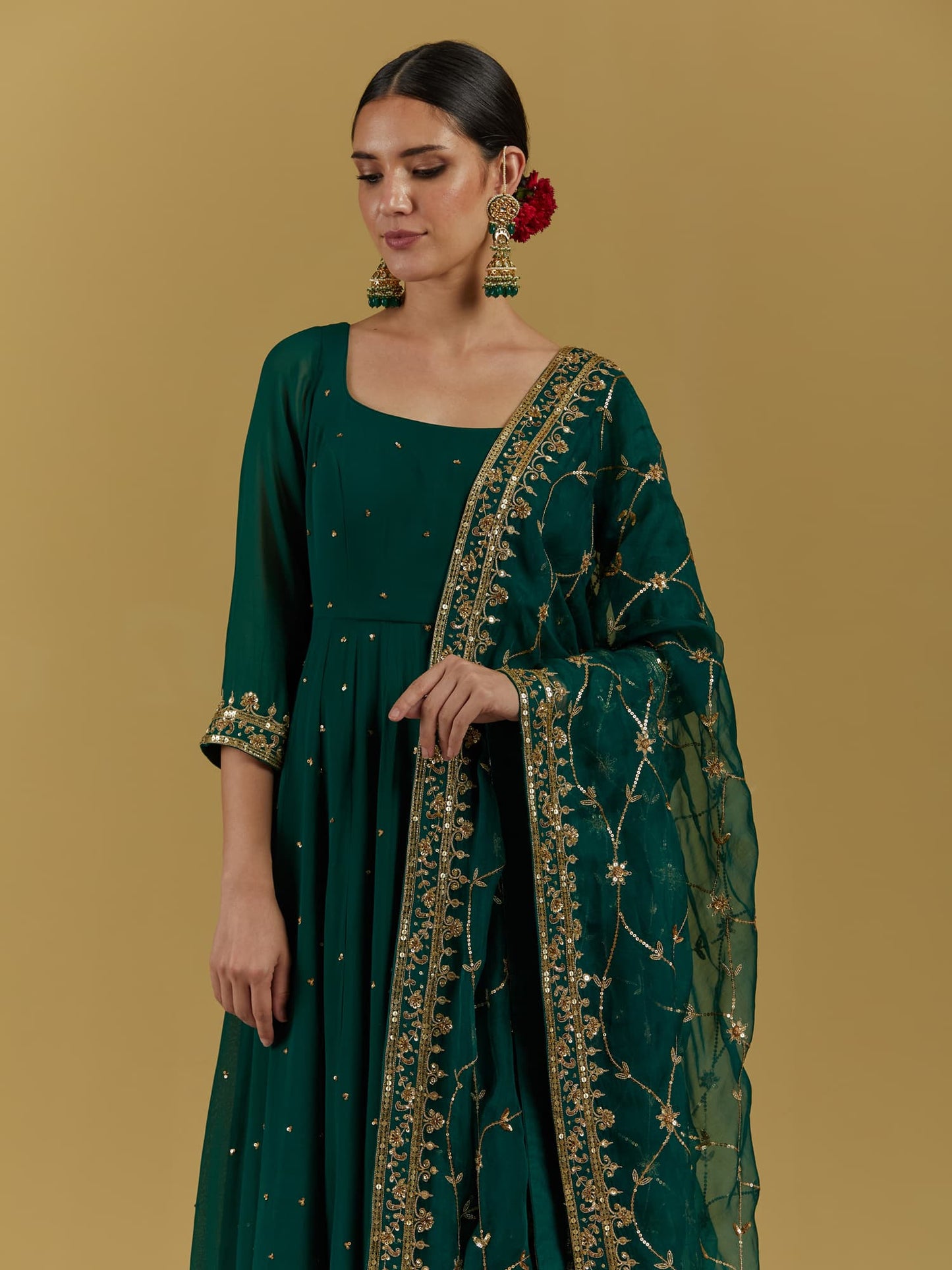 Womens Green Georgette Anarkali Churidar Set