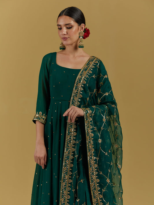 Women Wearing Green Anarkali Set.