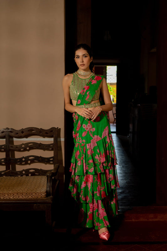 Women Wearing Green Saree With Blouse