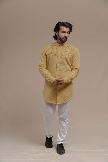 MENS CREAM SMOCKING SHORT KURTA/TUXEDO SHIRT