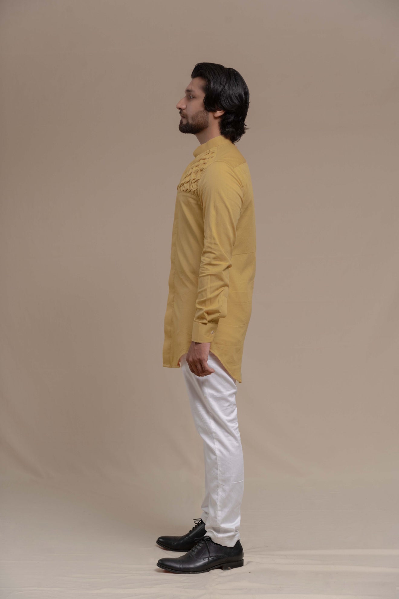 MENS CREAM SMOCKING SHORT KURTA/TUXEDO SHIRT