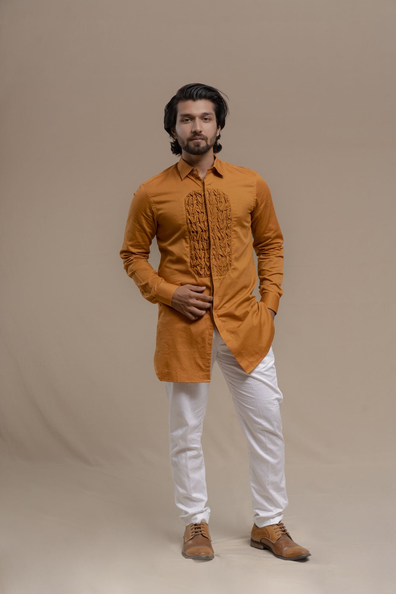 MENS OCHRE SMOCKING SHORT KURTA/TUXEDO SHIRT