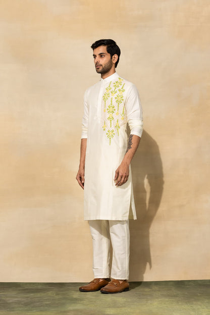 Mens Mehr Pastel Yellow Cotton Cutdana Embroidered Kurta Set