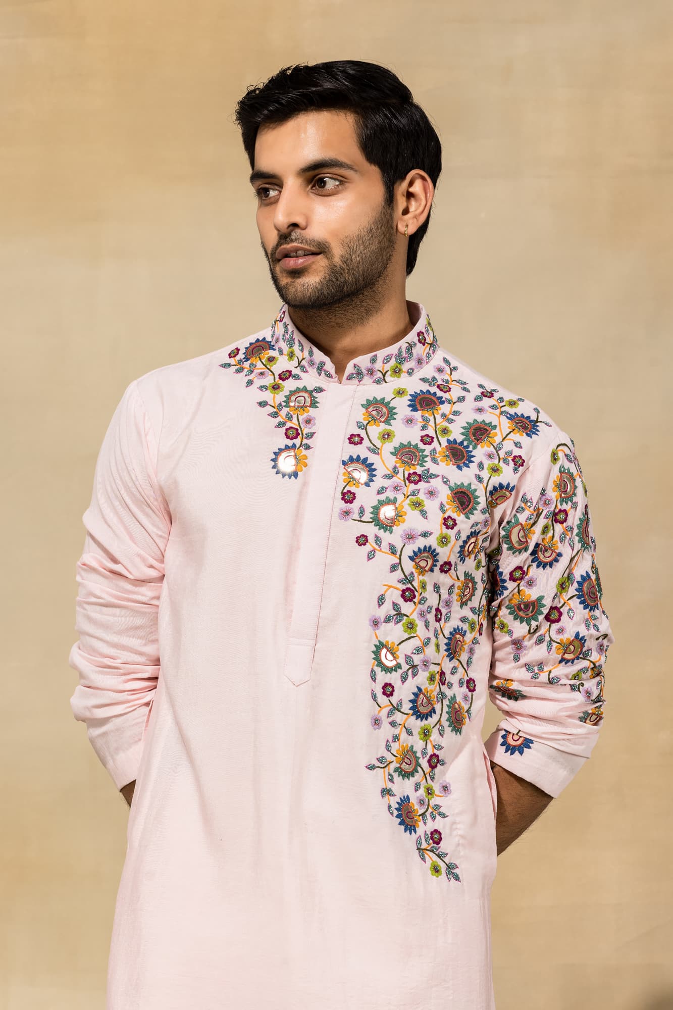 Mens Mehr Blush Pink Cotton Floral Jaal Cutdana Embroidered Kurta Set