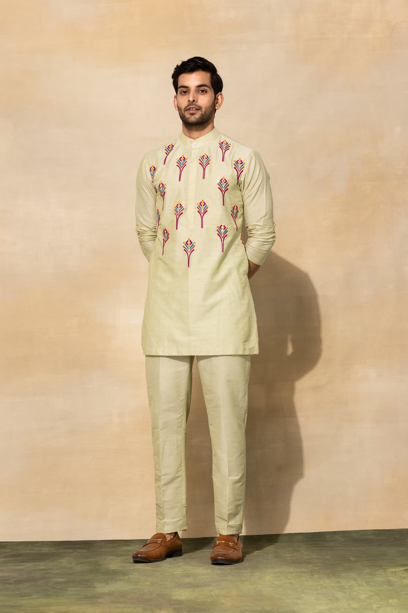 Mens Mehr Mint Green Cotton Feather Embroidered Bundy Set